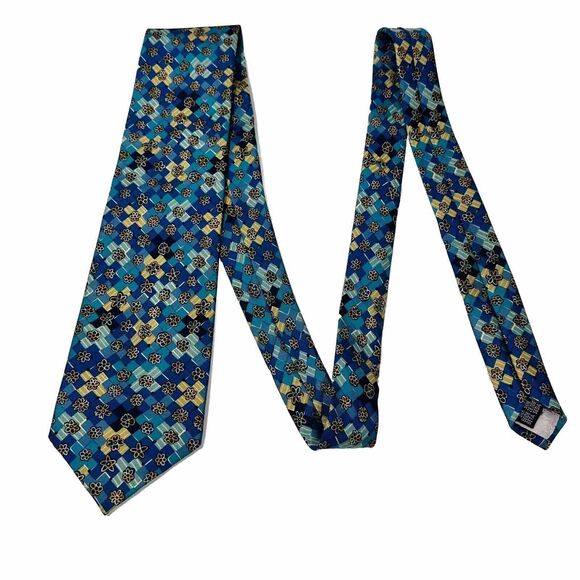 YSL Yves Saint Laurent Silk Necktie Blue Floral Geometric Handmade Italy - Picture 3 of 8